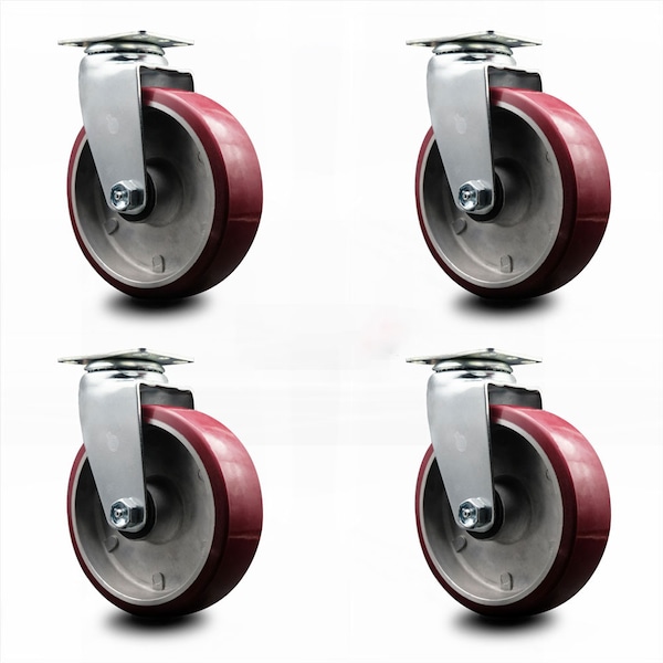 6 Inch Poly on Aluminum Wheel Swivel Caster Set with Ball Bearings SCC